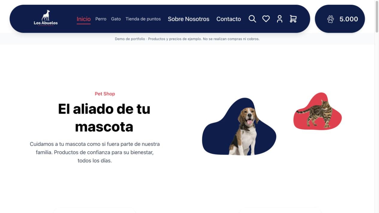 Inicio real de Animal Feed con catálogo para perros y gatos